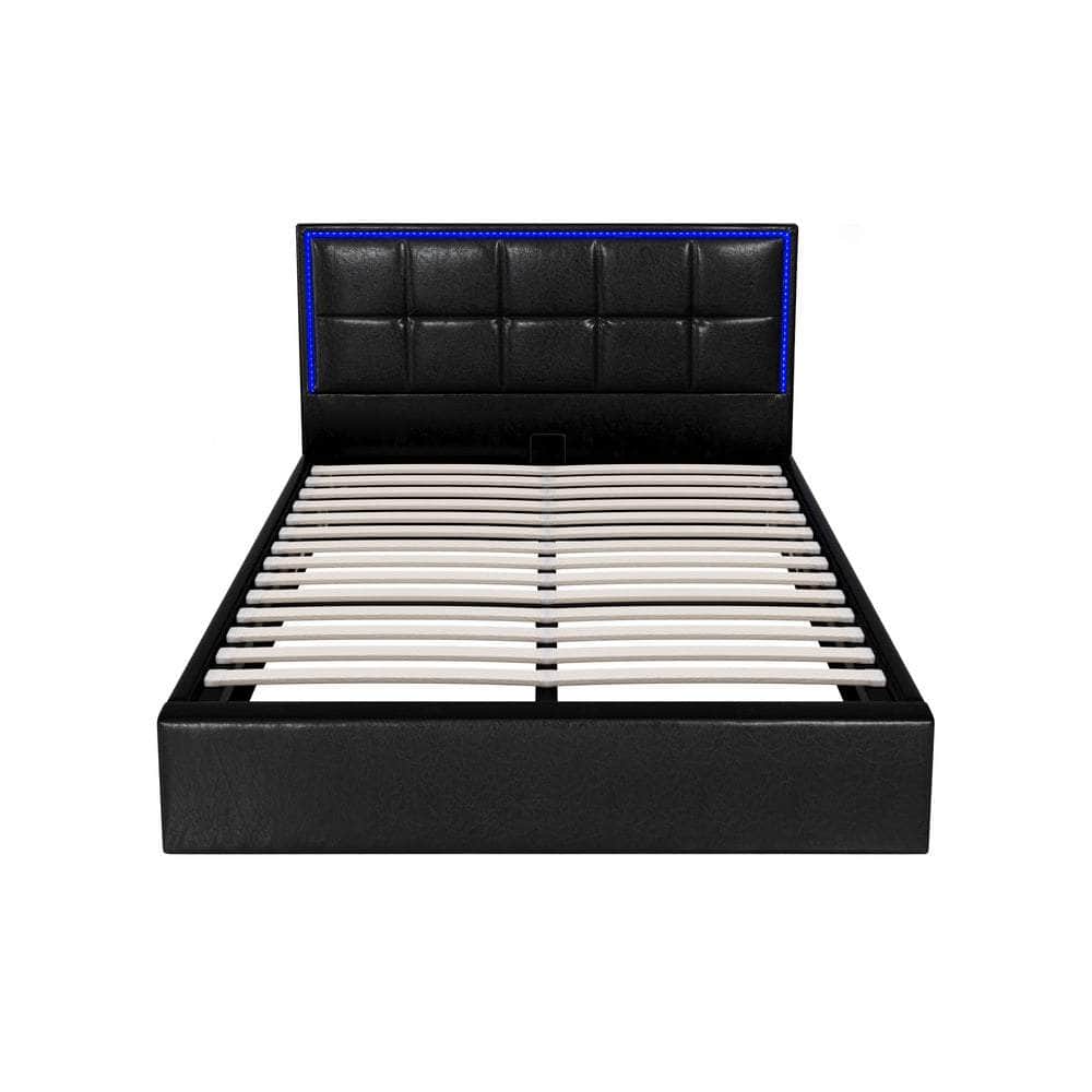 Bed Frame Double King & Single Size RGB LED Gas Lift Storage Base Leather