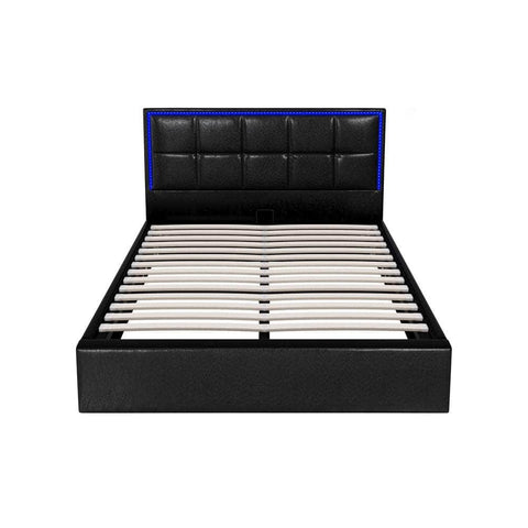 Bed Frame Double King & Single Size RGB LED Gas Lift Storage Base Leather