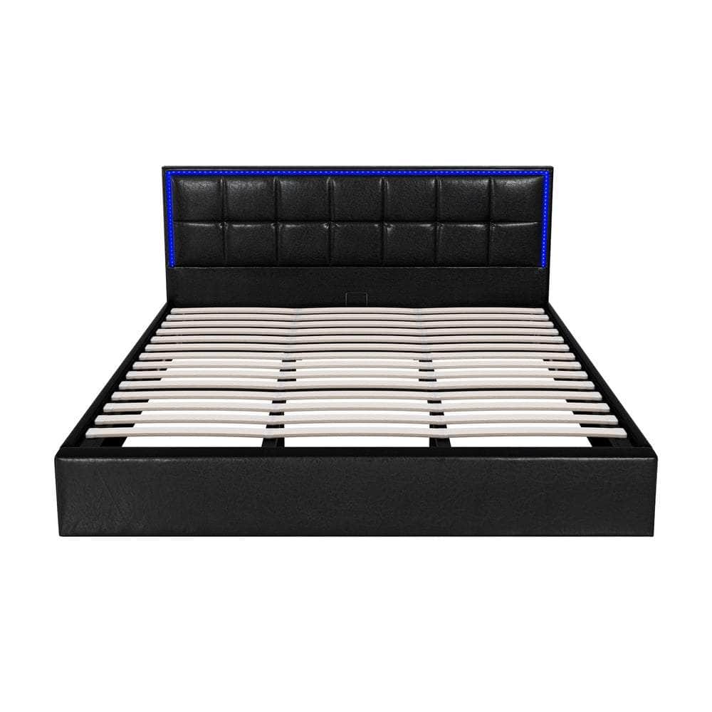 Bed Frame Double King & Single Size RGB LED Gas Lift Storage Base Leather