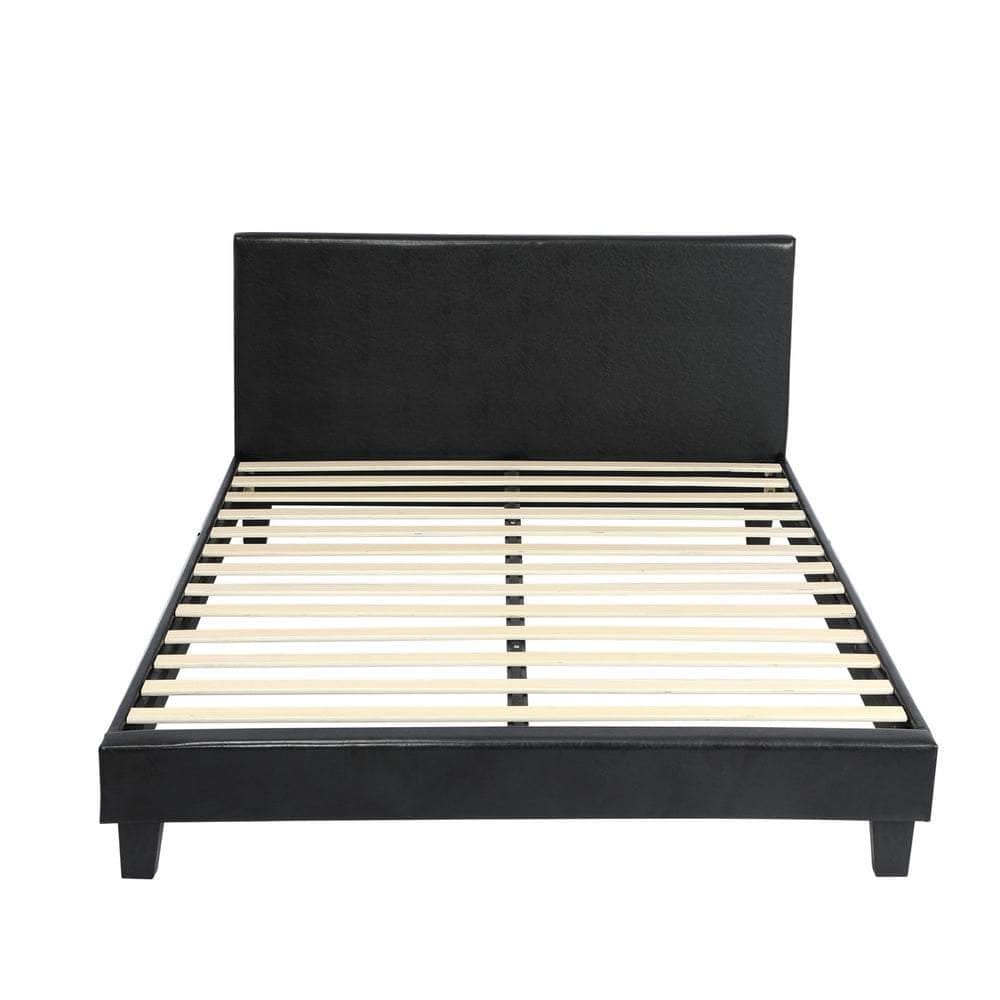 Bed Frame Double Size Base Mattress Platform Leather Wooden Slats Black