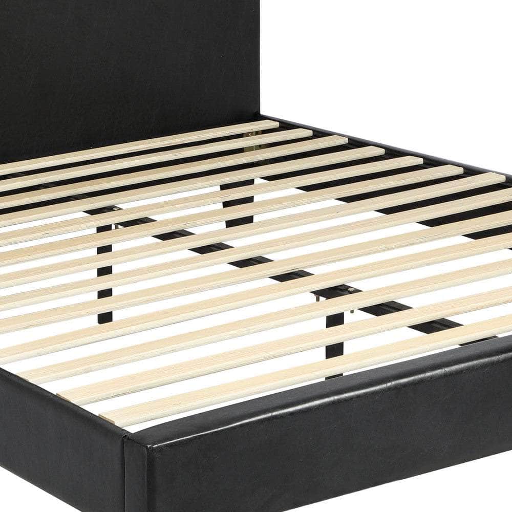 Bed Frame Double Size Base Mattress Platform Leather Wooden Slats Black
