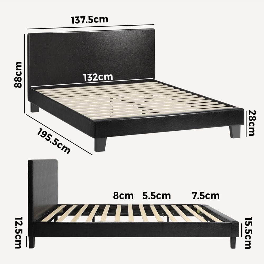 Bed Frame Double Size Base Mattress Platform Leather Wooden Slats Black
