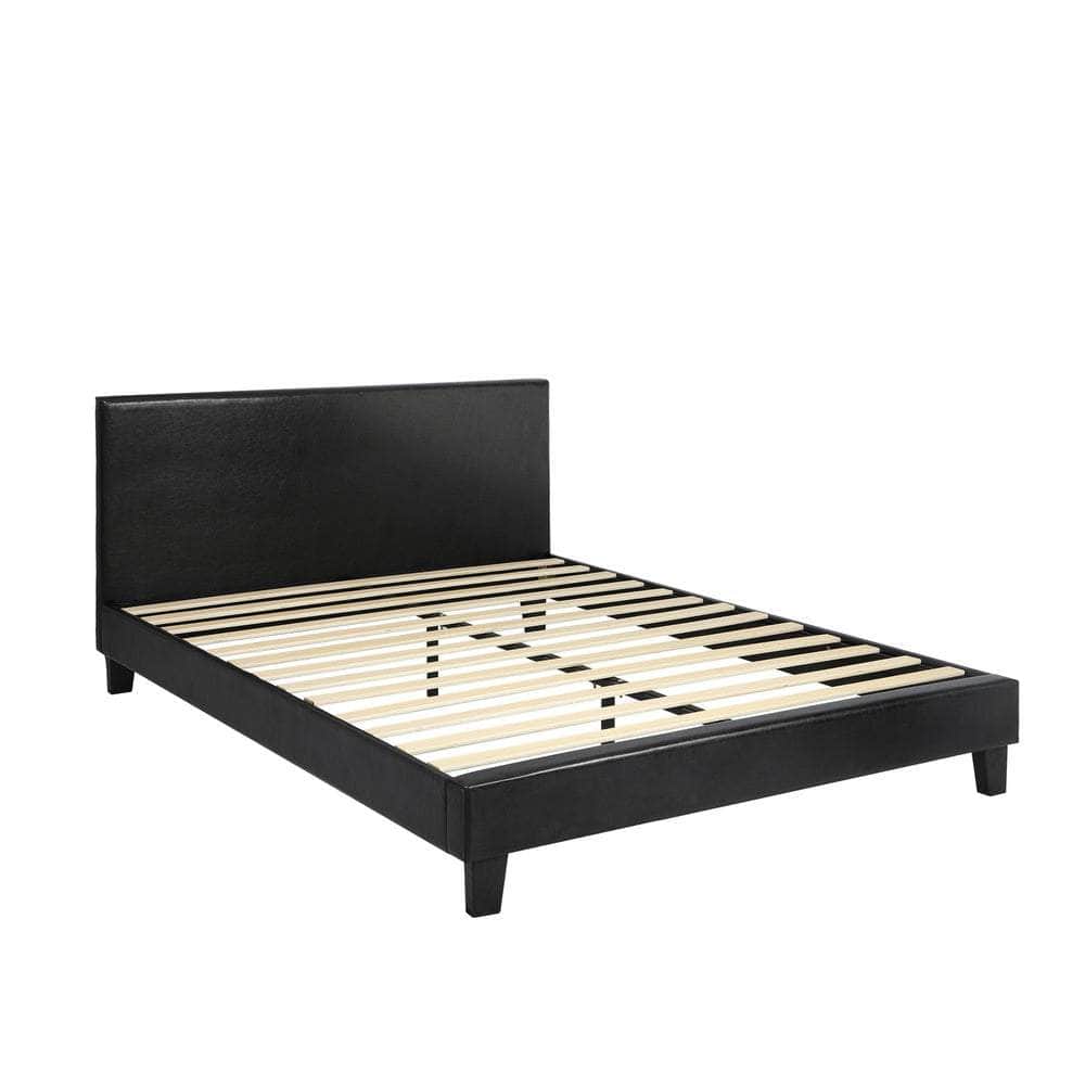 Bed Frame Double Size Base Mattress Platform Leather Wooden Slats Black