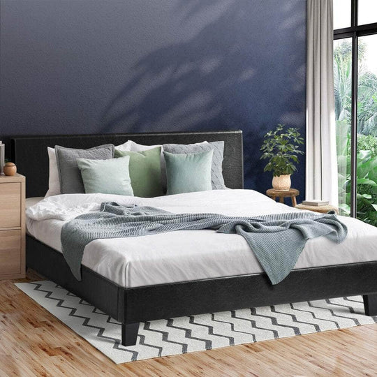 Black colour - Bed Frame Double Size Base Mattress Platform Leather Wooden Slats Black