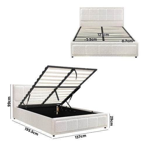 Bed Frame Double Size Gas Lift Storage Base Fabric Grey/White