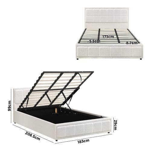 Bed Frame Double Size Gas Lift Storage Base Fabric Grey/White