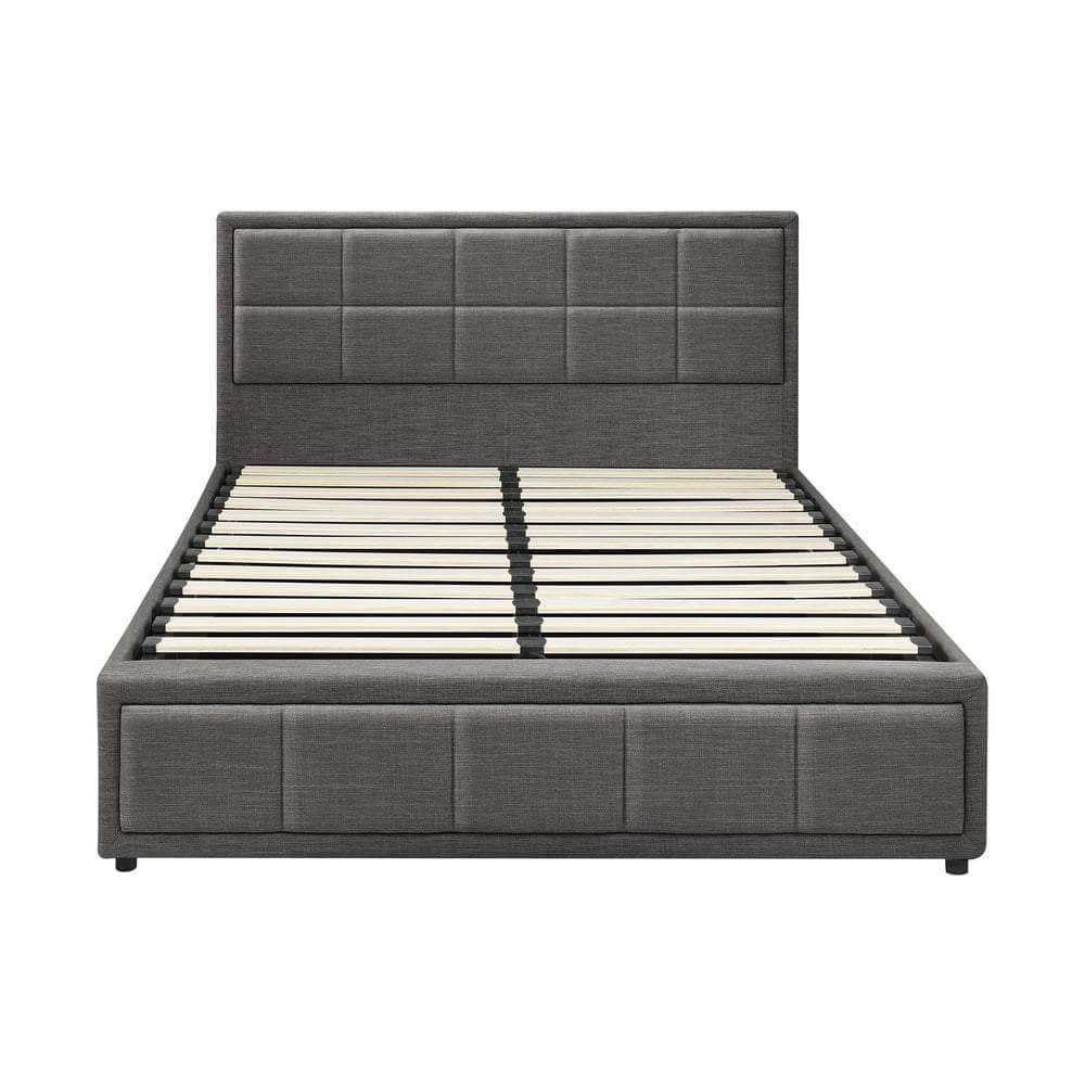 Bed Frame Double Size Gas Lift Storage Base Fabric Grey/White