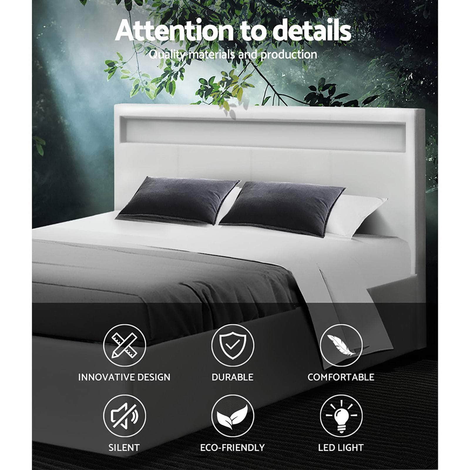 Bed Frame Double Size Led Gas Lift White Cole