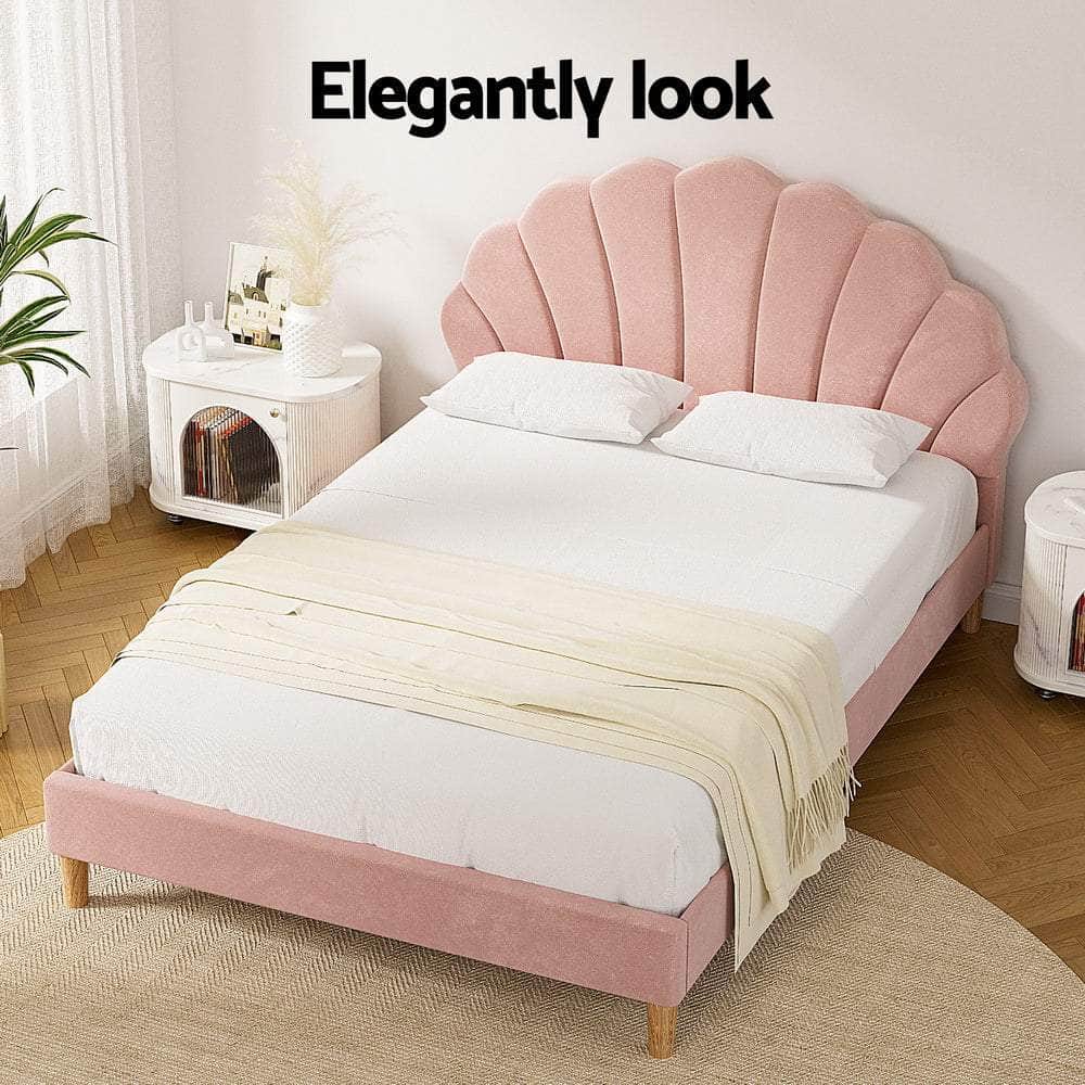 Bed Frame Double Size Scallop-Shape Bedhead Beds Base Pink Velvet Fabric
