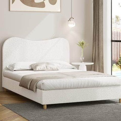 Bed Frame Double Size White Boucle Cloud Shape