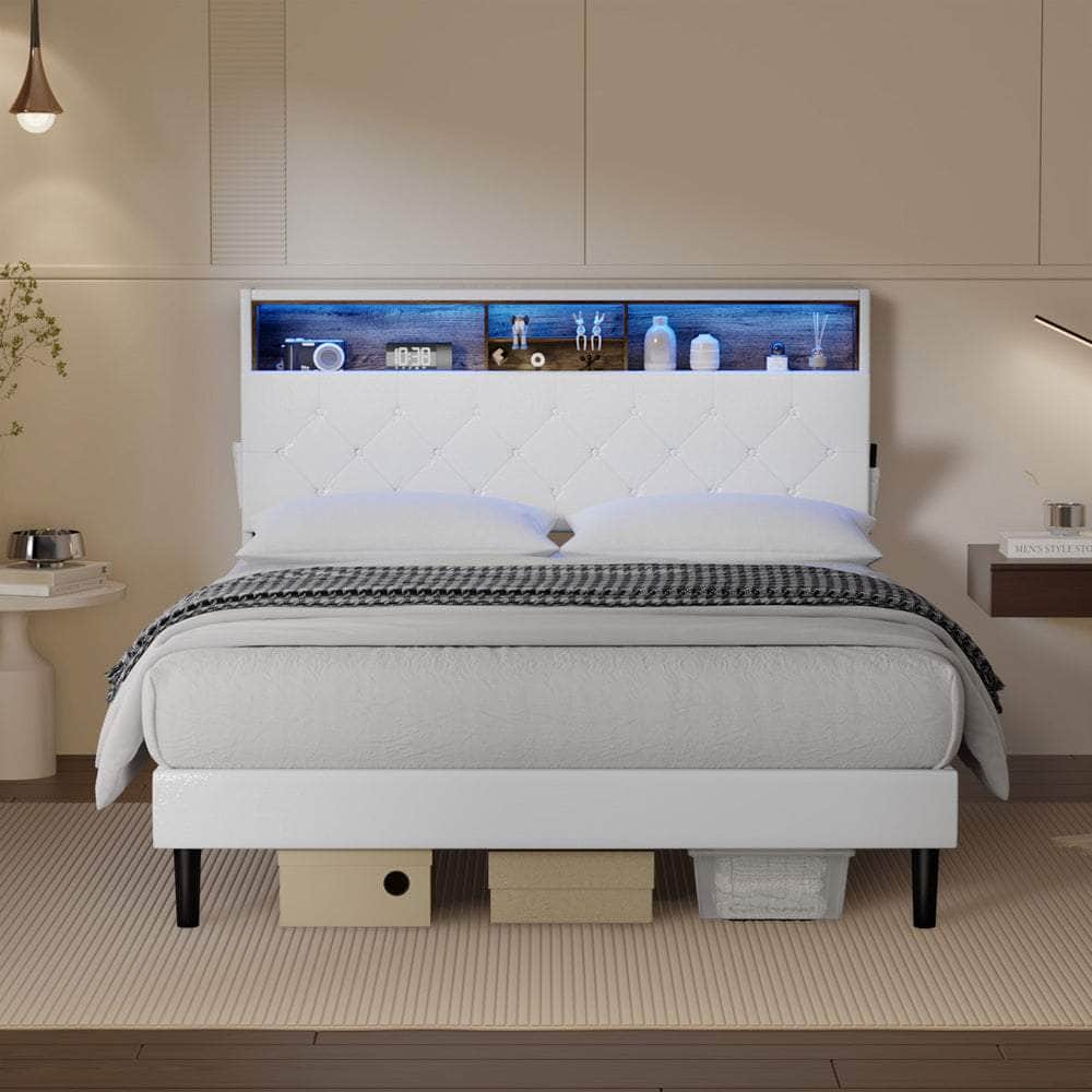 Bed Frame Double Size with LED Storage Bedhead White