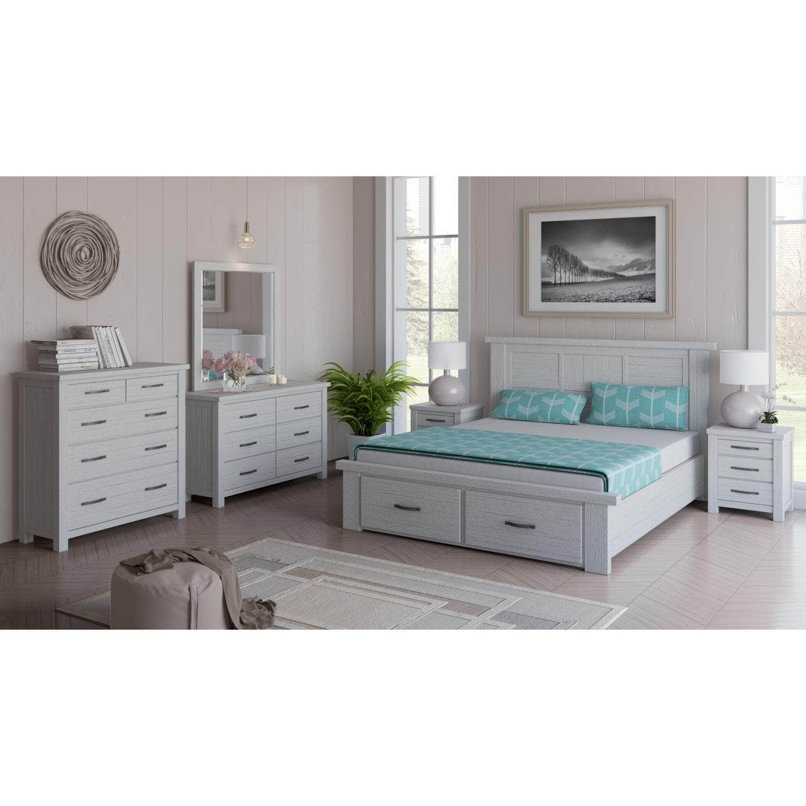 Bed Frame Double Size Wood Mattress Base With Storage Drawers - White