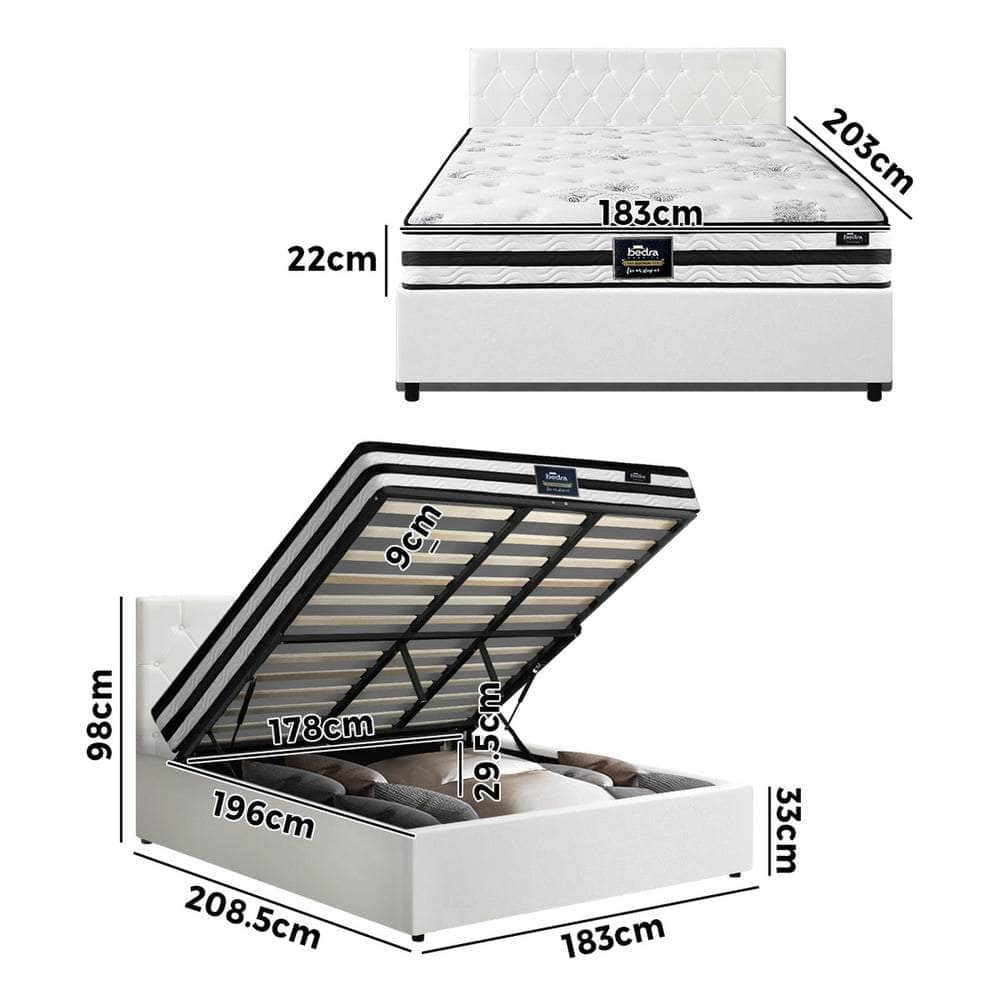 Bed Frame King Double & Queen Size Gas Lift Base with Mattress White Leather