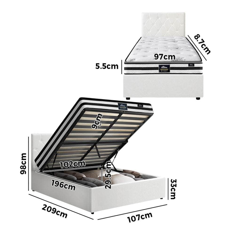 Bed Frame King Double & Queen Size Gas Lift Base with Mattress White Leather