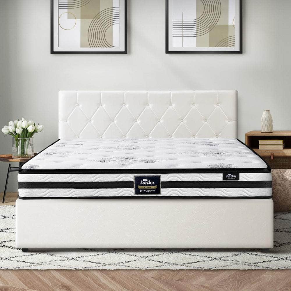 Bed Frame King Double & Queen Size Gas Lift Base with Mattress White Leather