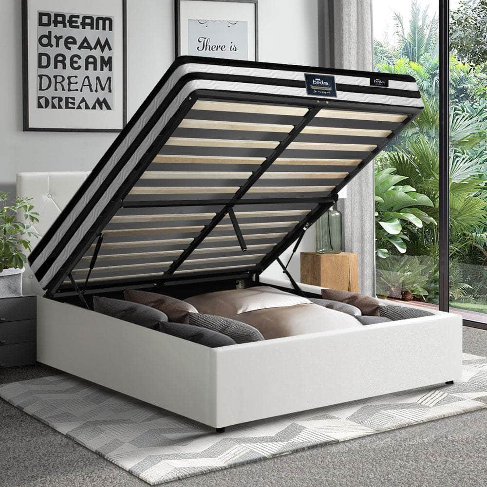 Bed Frame King Double & Queen Size Gas Lift Base with Mattress White Leather