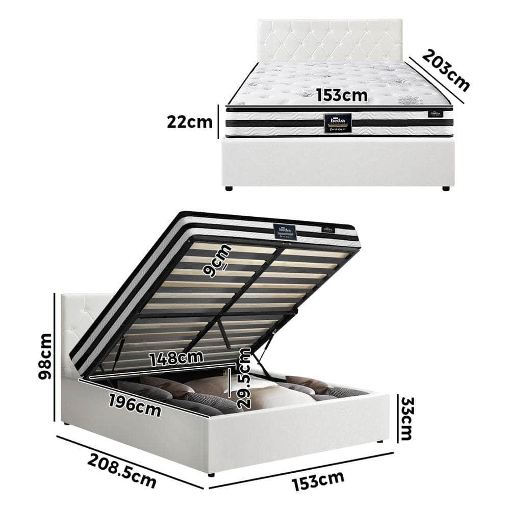 Bed Frame King Double & Queen Size Gas Lift Base with Mattress White Leather