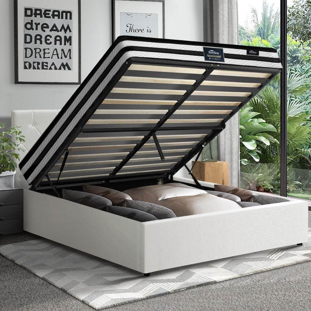 Bed Frame King Double & Queen Size Gas Lift Base with Mattress White Leather