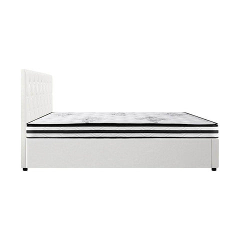 Bed Frame King Double & Queen Size Gas Lift Base with Mattress White Leather