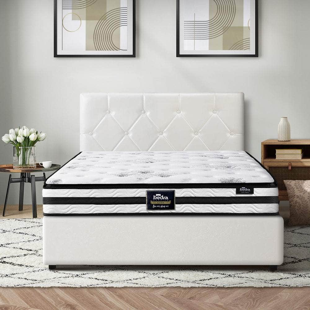 Bed Frame King Double & Queen Size Gas Lift Base with Mattress White Leather