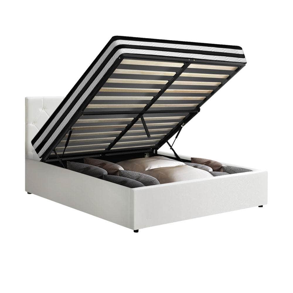 Bed Frame King Double & Queen Size Gas Lift Base with Mattress White Leather