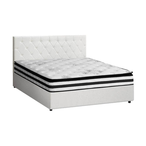 Bed Frame King Double & Queen Size Gas Lift Base with Mattress White Leather