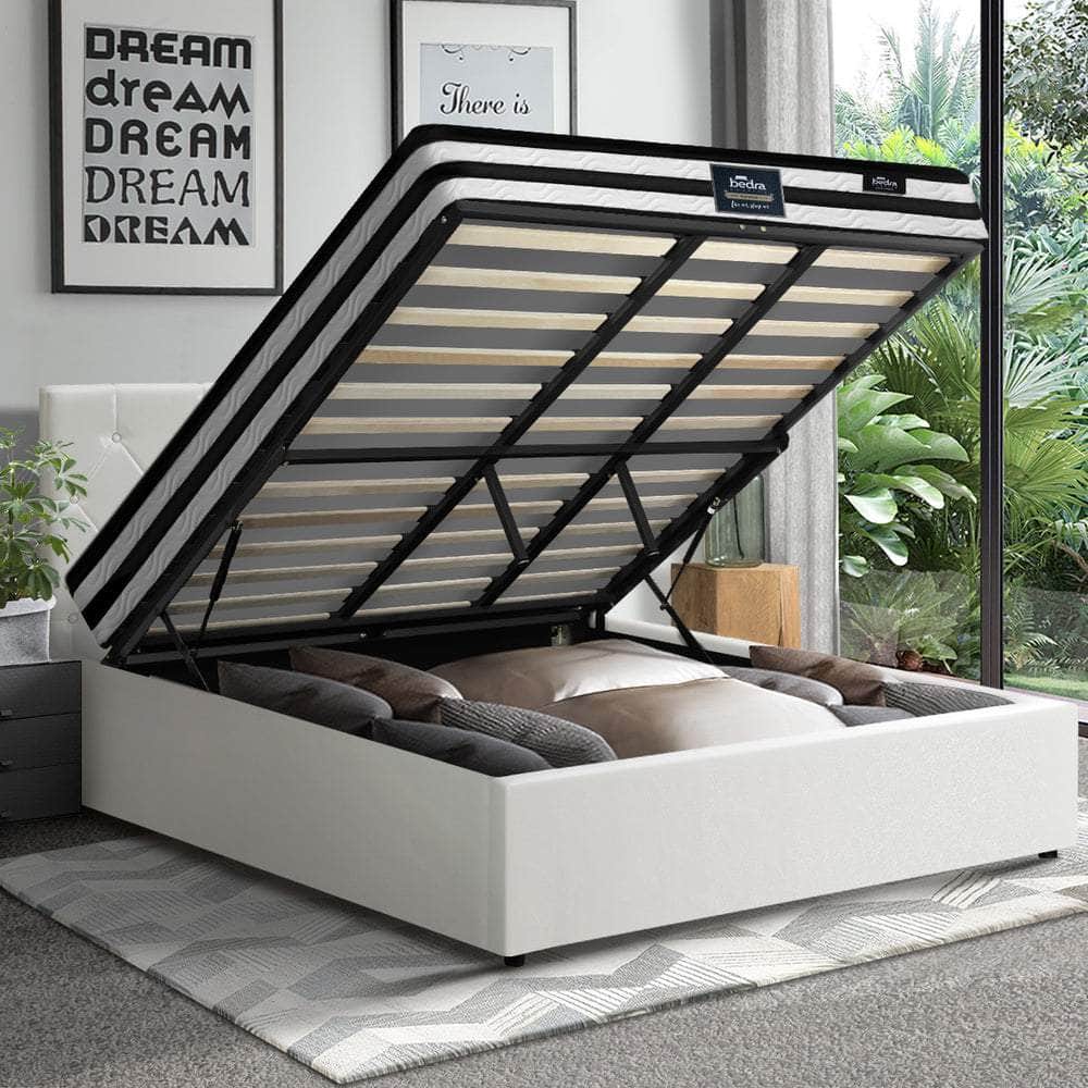 Bed Frame King Double & Queen Size Gas Lift Base with Mattress White Leather