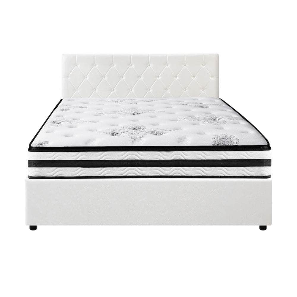 Bed Frame King Double & Queen Size Gas Lift Base with Mattress White Leather