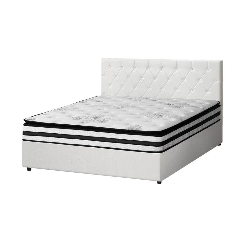 Bed Frame King Double & Queen Size Gas Lift Base with Mattress White Leather