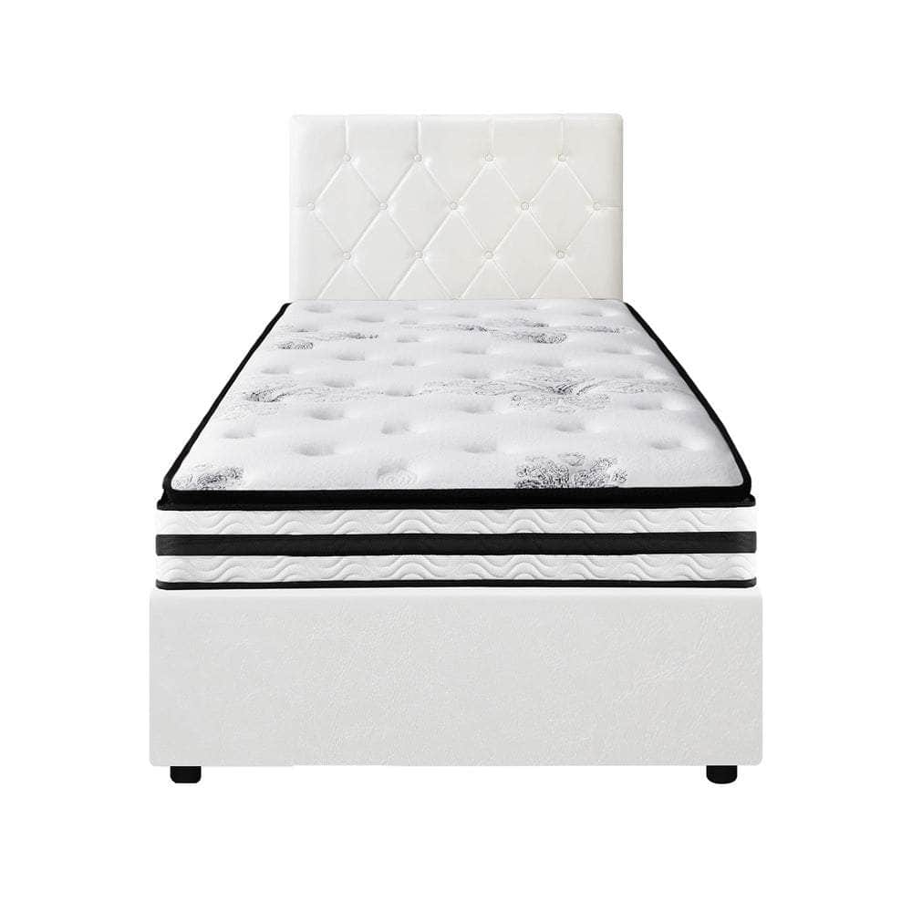 Bed Frame King Double & Queen Size Gas Lift Base with Mattress White Leather