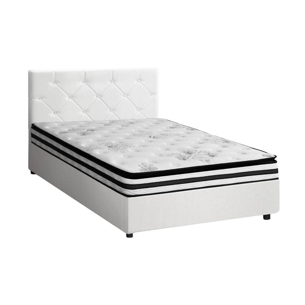 Bed Frame King Double & Queen Size Gas Lift Base with Mattress White Leather