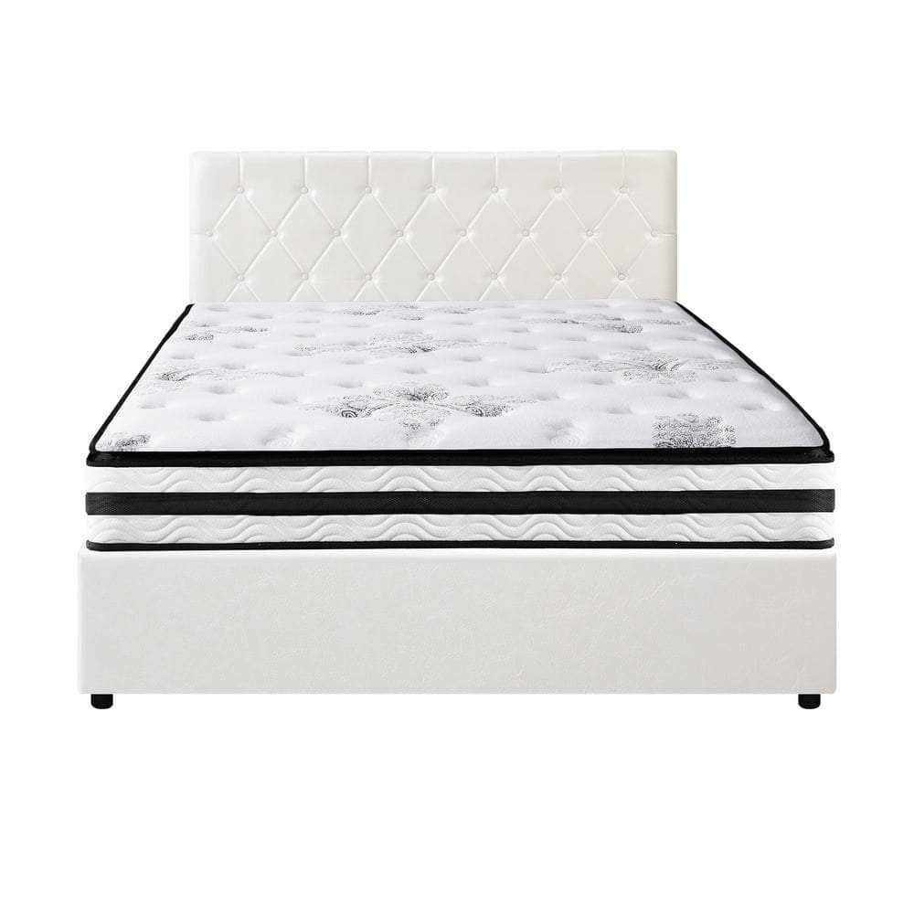 Bed Frame King Double & Queen Size Gas Lift Base with Mattress White Leather