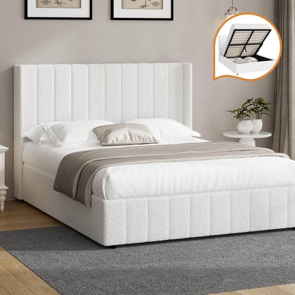 Bed Frame King Single Double Queen Gas Lift Base Boucle Fabric White