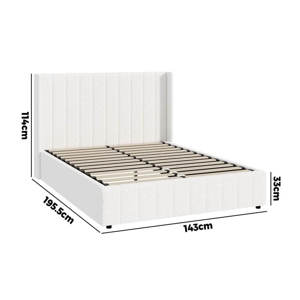 Bed Frame King Single Double Queen Gas Lift Base Boucle Fabric White