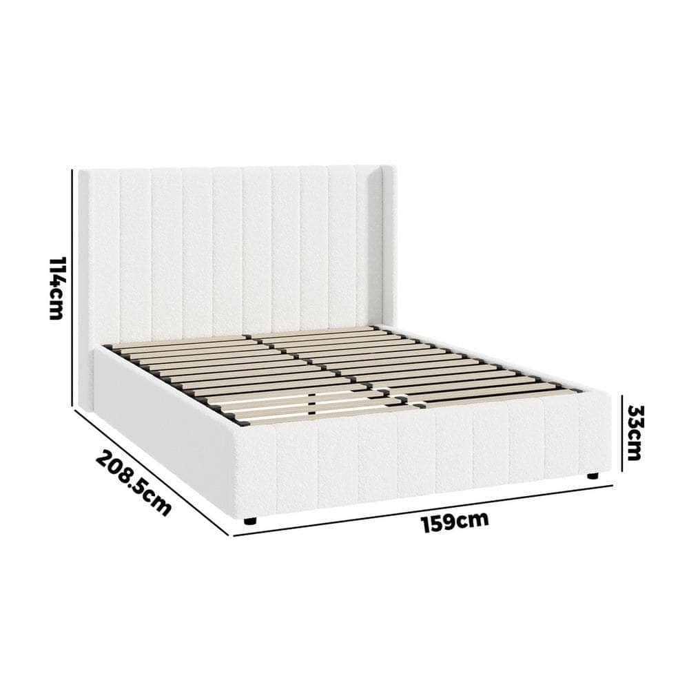 Bed Frame King Single Double Queen Gas Lift Base Boucle Fabric White