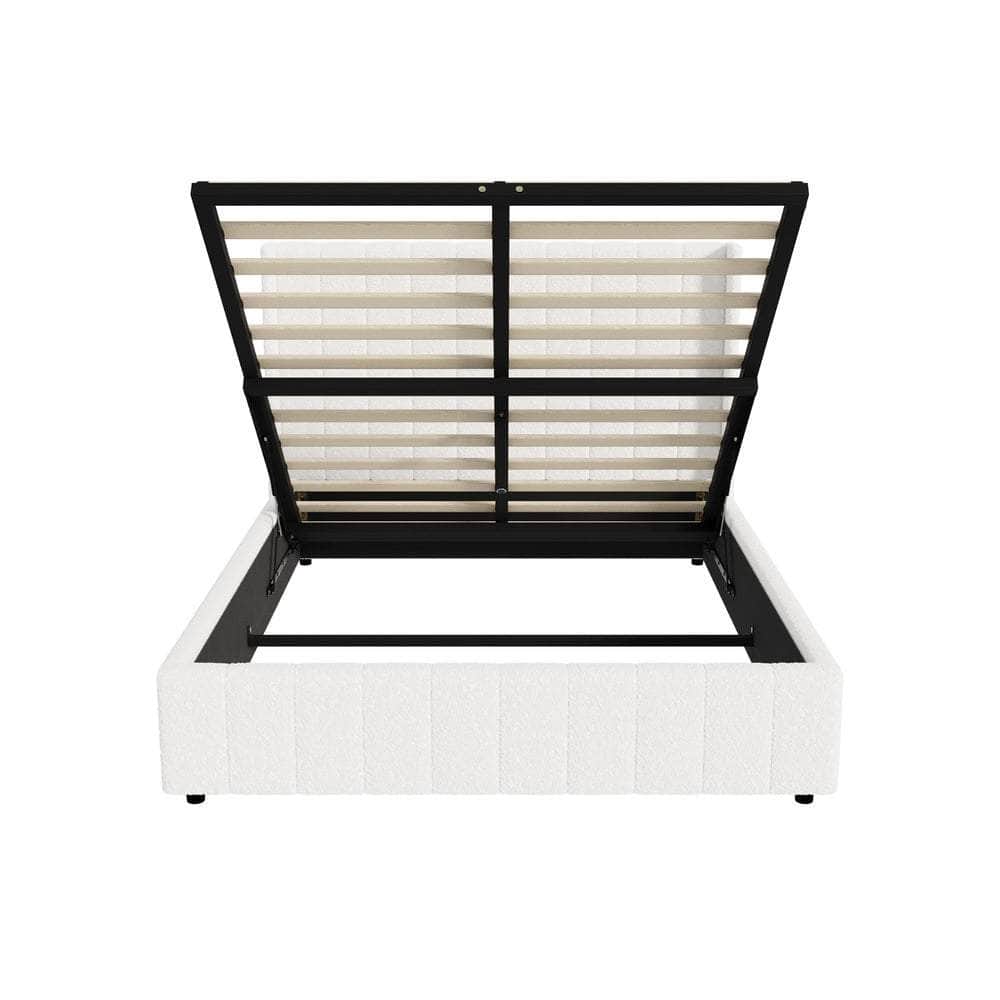 Bed Frame King Single Double Queen Gas Lift Base Boucle Fabric White