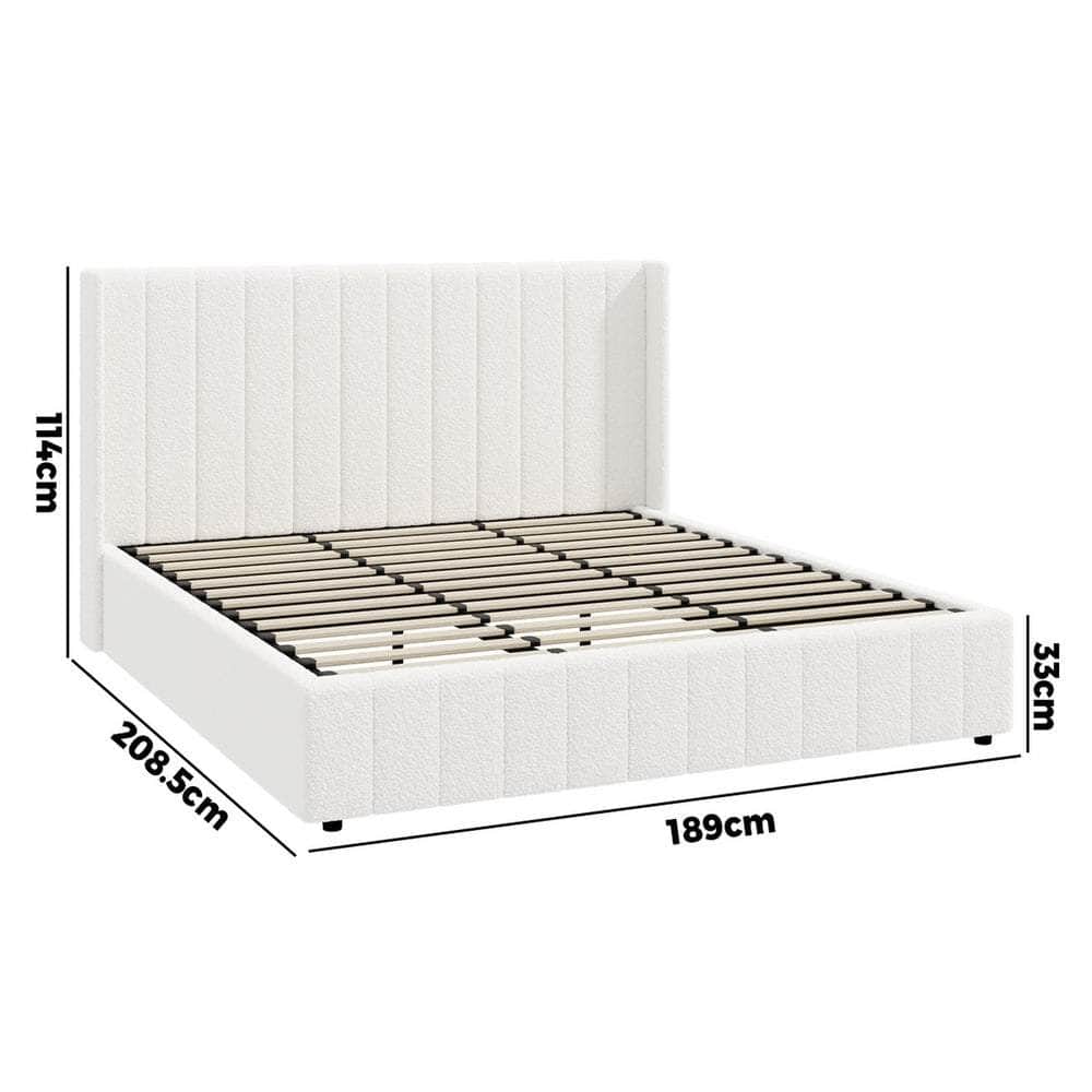Bed Frame King Single Double Queen Gas Lift Base Boucle Fabric White