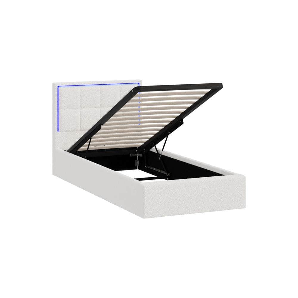 Bed Frame King Single & Double Size RGB LED Gas Lift Storage Base White Boucle