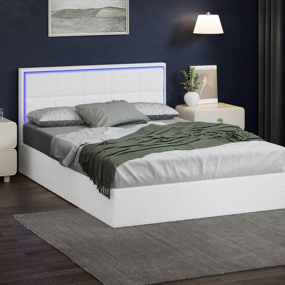 Bed Frame King Single & Double Size RGB LED Gas Lift Storage Base White Boucle