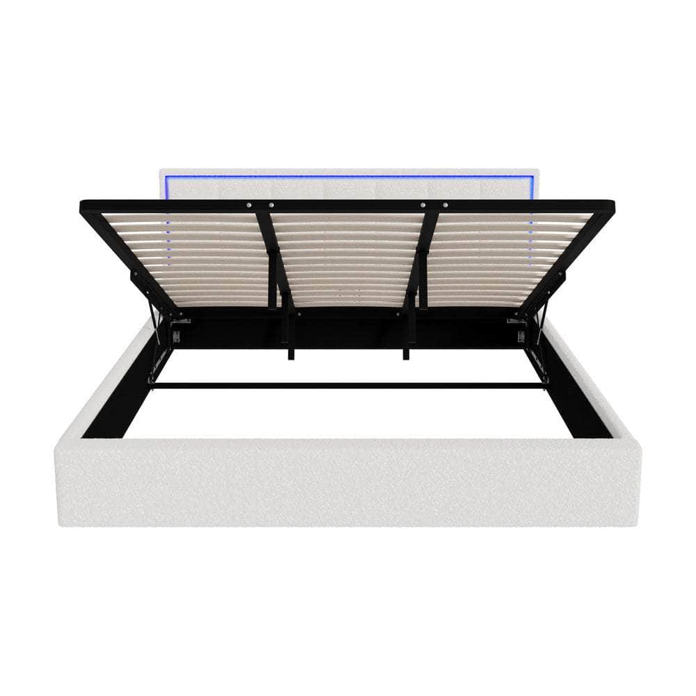Bed Frame King Single & Double Size RGB LED Gas Lift Storage Base White Boucle