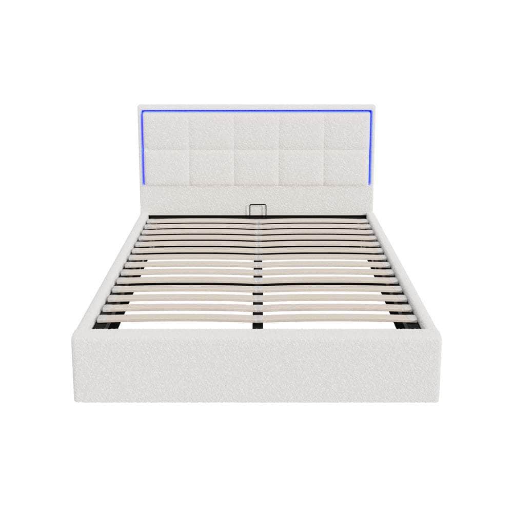 Bed Frame King Single & Double Size RGB LED Gas Lift Storage Base White Boucle
