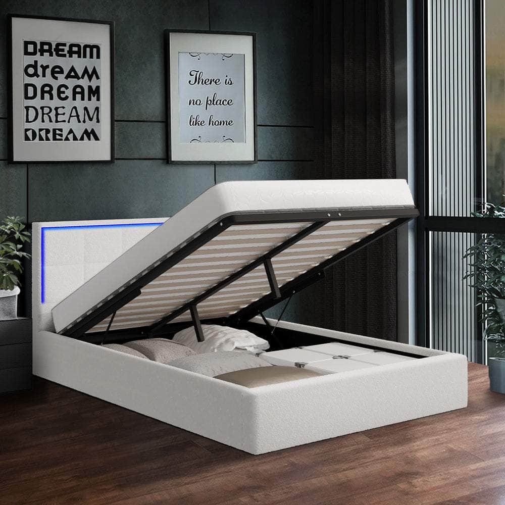 Bed Frame King Single & Double Size RGB LED Gas Lift Storage Base White Boucle
