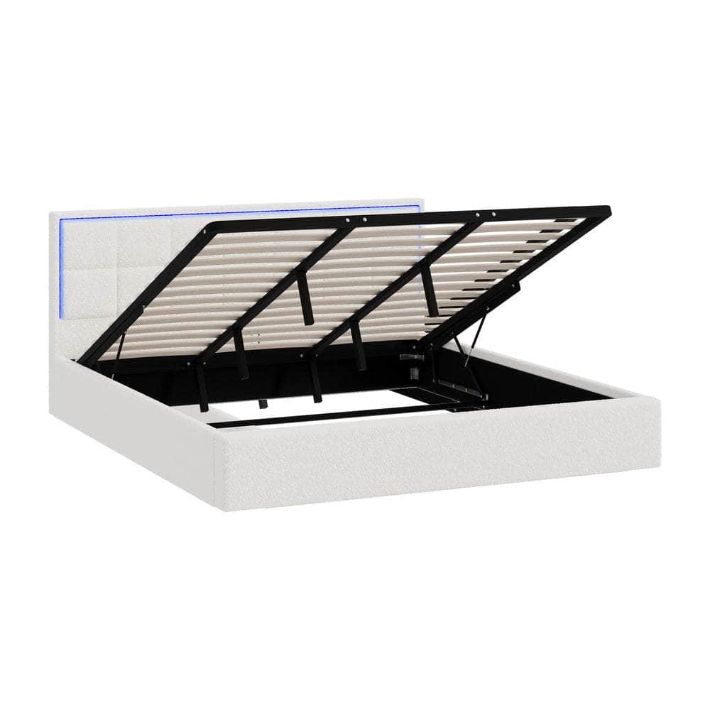 Bed Frame King Single & Double Size RGB LED Gas Lift Storage Base White Boucle