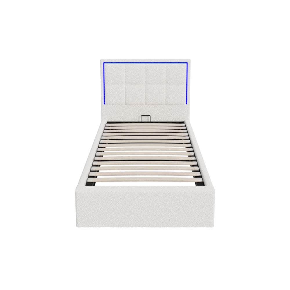 Bed Frame King Single & Double Size RGB LED Gas Lift Storage Base White Boucle