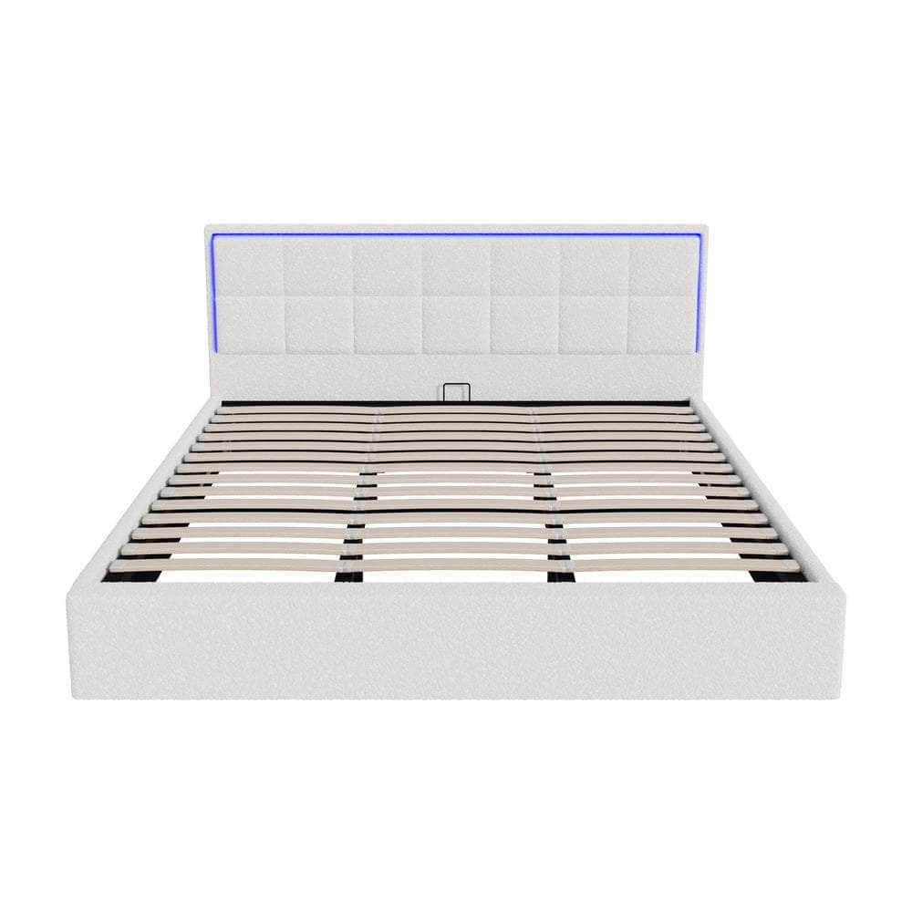 Bed Frame King Single & Double Size RGB LED Gas Lift Storage Base White Boucle