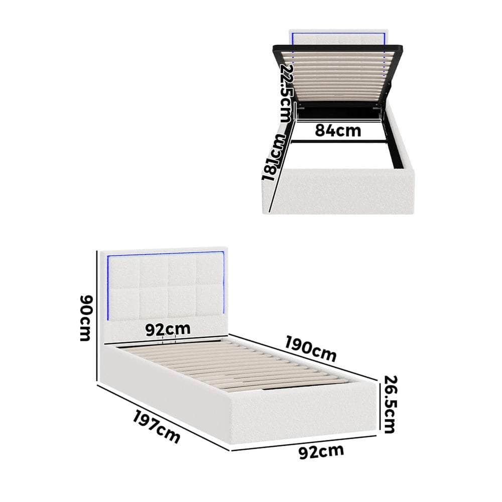 Bed Frame King Single & Double Size RGB LED Gas Lift Storage Base White Boucle