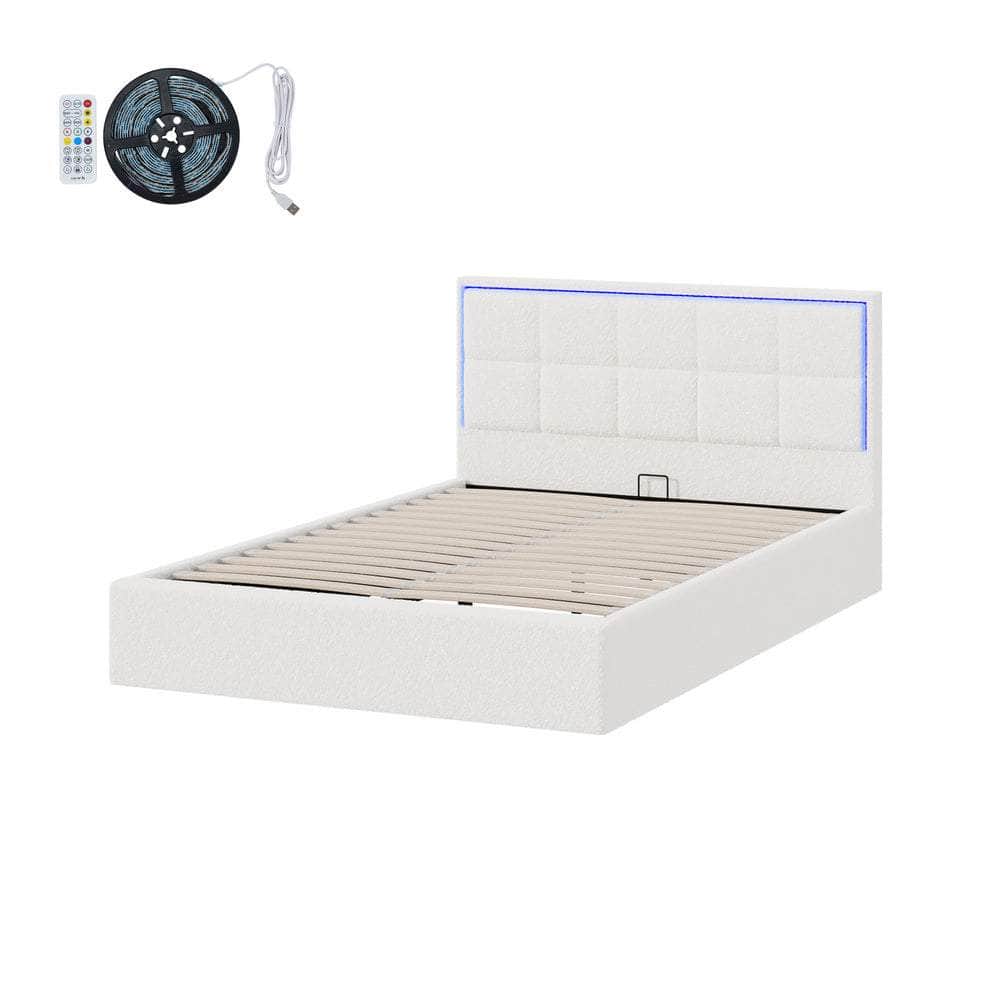 Bed Frame King Single & Double Size RGB LED Gas Lift Storage Base White Boucle