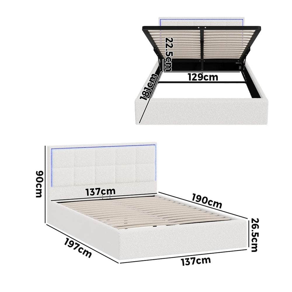 Bed Frame King Single & Double Size RGB LED Gas Lift Storage Base White Boucle