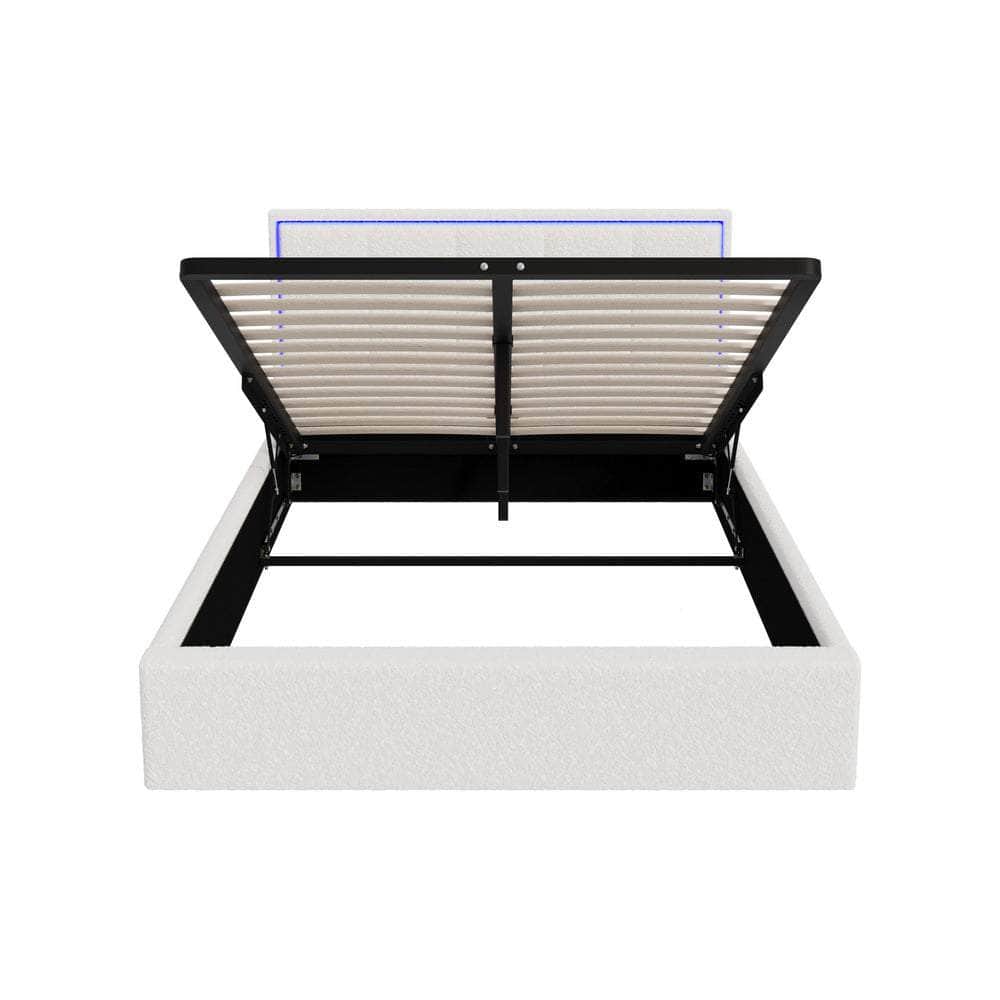 Bed Frame King Single & Double Size RGB LED Gas Lift Storage Base White Boucle