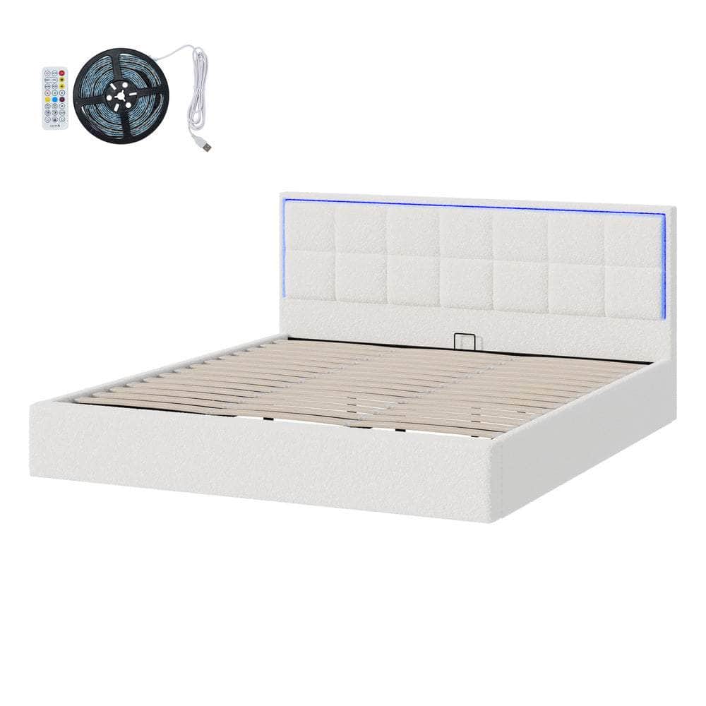 Bed Frame King Single & Double Size RGB LED Gas Lift Storage Base White Boucle